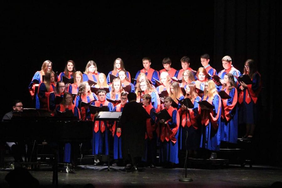 An action shot of the Sr High choir performing at the WB Christmas Concert.