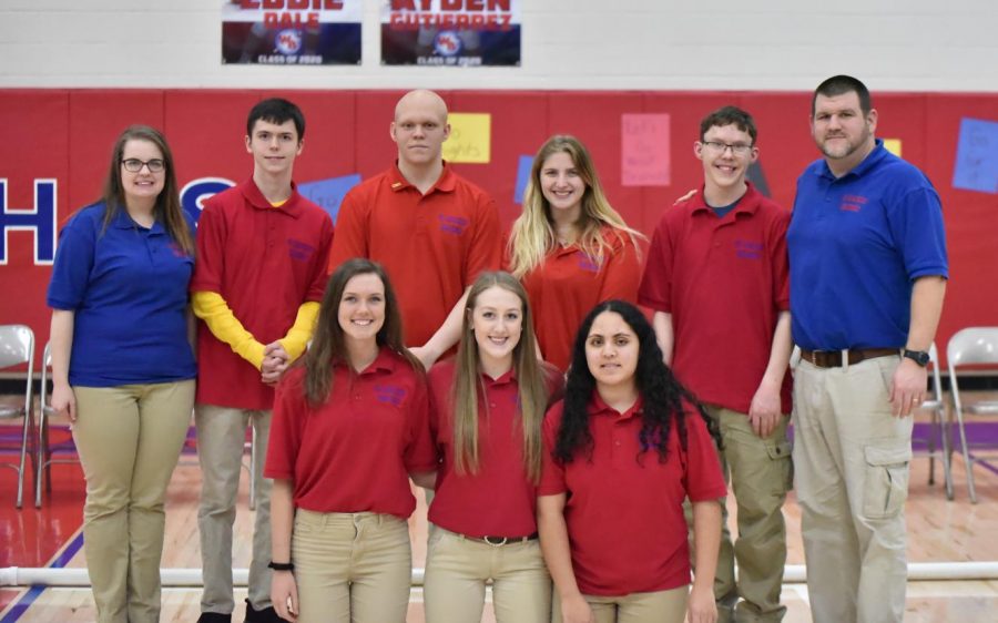 West Branch Bocce Ball team after their win against MoValley. Top Row From Left to Right; Ms. Johnson, Denver McGuire, Jarod Koleno, Katlyn Folmar, Trevor Jones, Mr. Koleno Bottom Row from Left to Right; Taylor Myers, Emma Morlock, Esther Guerra