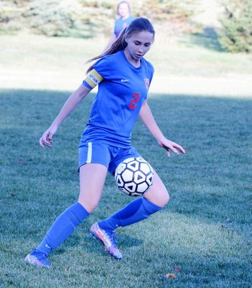 West Branchs Trinity Prestash plays the ball during Wednesdays game against Tussey Mountain. Prestash scored four goals in the first 7:12 of the contest to lead the Lady Warriors to an 11-0 victory.