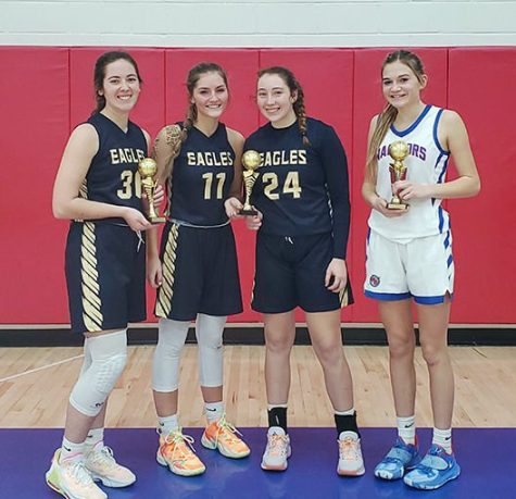 In the picture are all of the award winners from the tournament. From left to right are BEA’s Katie Hoover (Defensive MVP), BEA’s Maddie Perry and Abby Hoover (Co-Offensive MVPs) and WB’s Jenna Mertz (Tournament MVP).