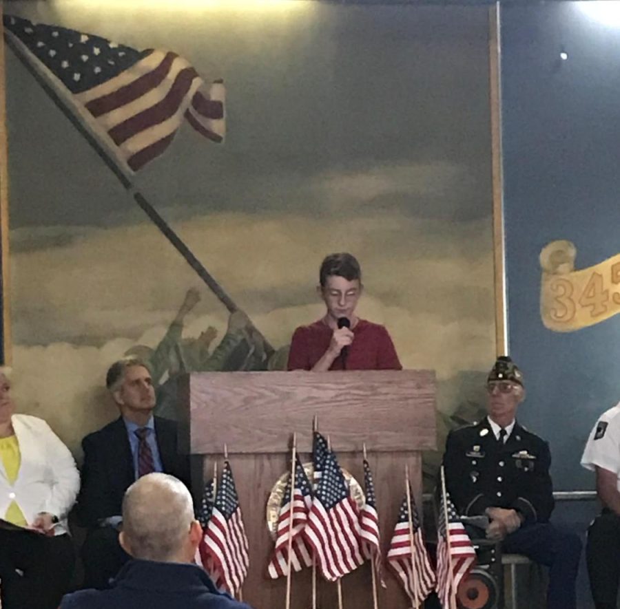 Jonah reading his essay for the local Patriot’s Penn contest at the VFW.