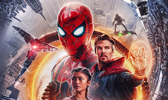 A promotional poster for the film featuring Spider-Man, Doctor Strange, MJ, and the Green Goblin.