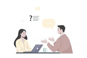 The man asks the woman questions during a job interview.