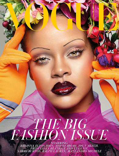 Rihanna poses with her thin eyebrows for a 2018 British Vogue cover.