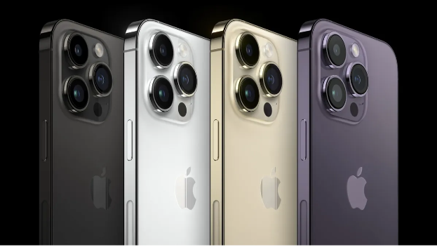 The latest line up of the iPhone 14 Pro Max, offered in colors deep purple, gold, silver, and space black.