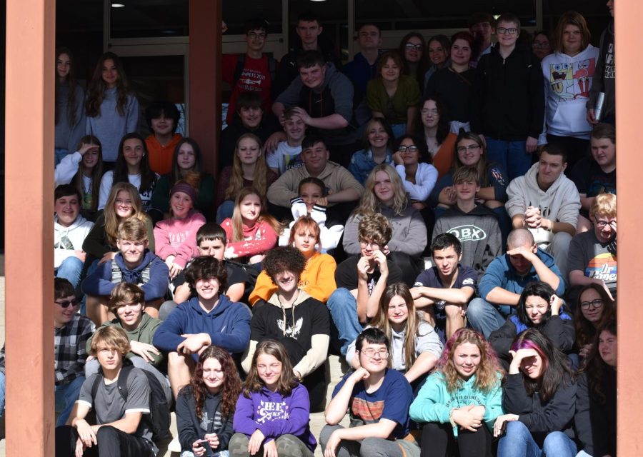 West Branch 10th graders sit on the steps outside of the Clearfield County Career and Technology Center.