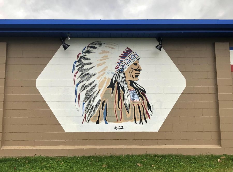 Artwork of the Warrior mascot on the field house, representing the heart of the Warrior in students at West Branch.