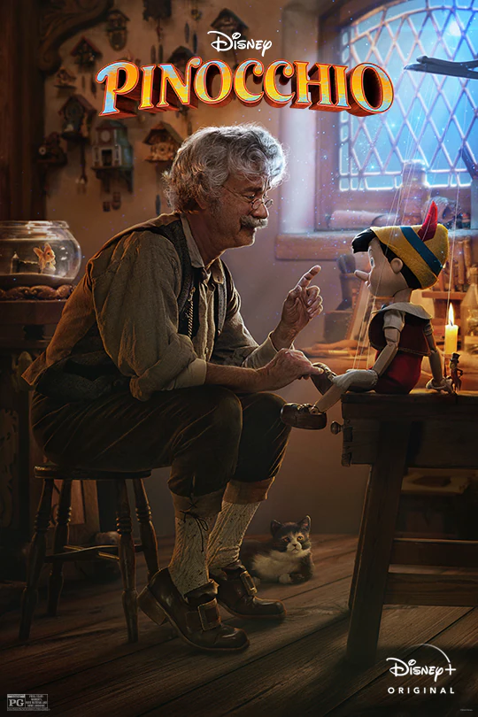 A film poster for the 2022 Disney+ original live-action Pinocchio.