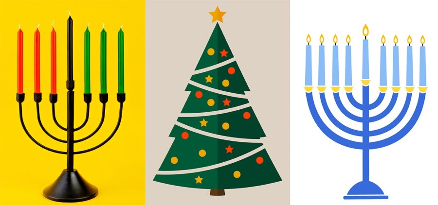 The+Kwanzaa+kinara%2C+the+Christmas+and+Yule+evergreen+tree%2C+and+the+menorah+of+Hanukkah.