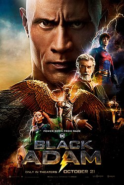 The cover poster for Black Adam, with several heroes on the front.
