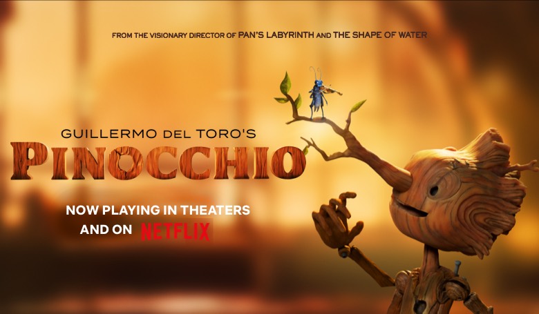 The Netflix movie cover art for Guillermo Del Toro’s Pinocchio (2022).