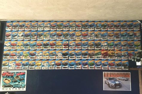 Junior Logan Kylers wall of his collectors unopened Hot Wheels cars.