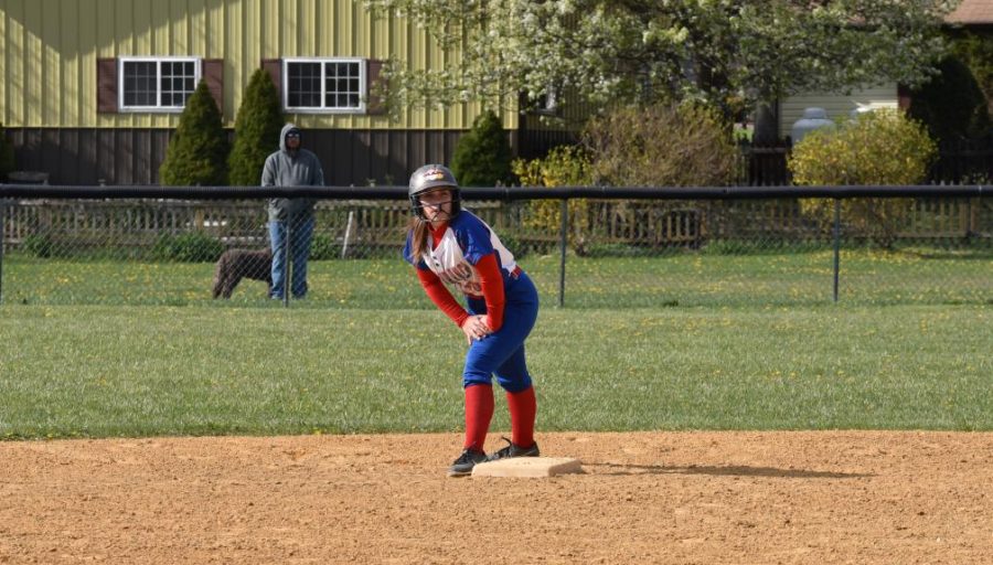 Brooke Bainey prepares to run on second base as her teammate bats against Moshannon Valley.