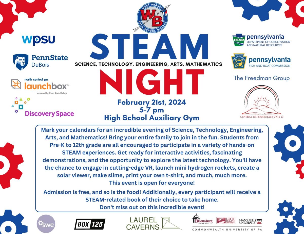 Join West Branch on Wednesday, February 21st for its inaugural STEAM Night, an event dedicated to promoting Science, Technology, Engineering, Arts, and Mathematics (STEAM).