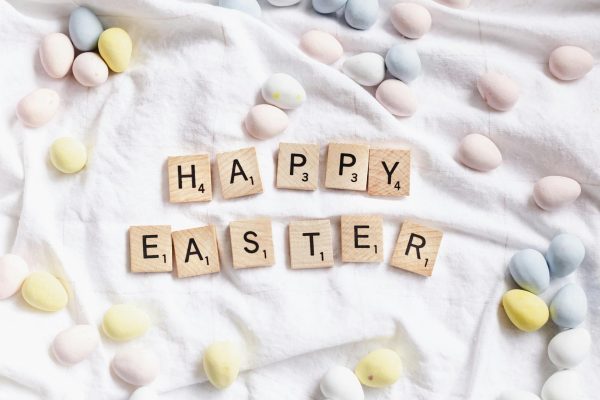 A spring-themed photo with easter eggs and letters that state happy Easter.