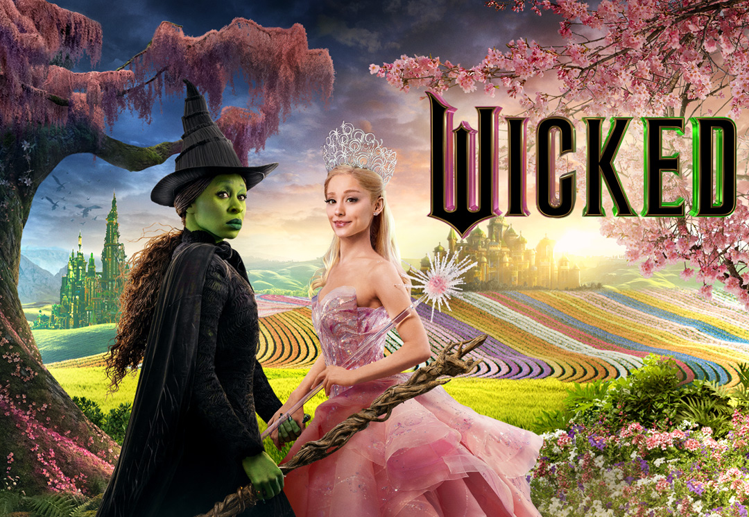 Universal Studio’s Wicked movie advertisement image, displaying Elphaba and Glinda