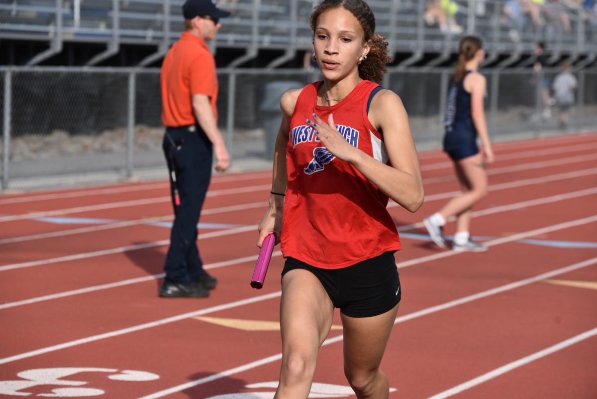 Skylah Baker pushes the pace during a race at the Philipsburg track meet.