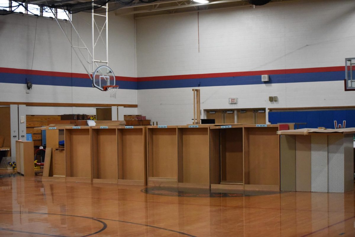 The West Branch auxiliary gym is full of school supplies and equipment.