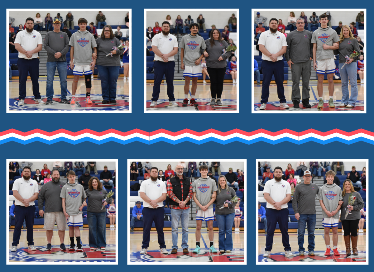 Boys asketball seniors pose with their families before the game.
