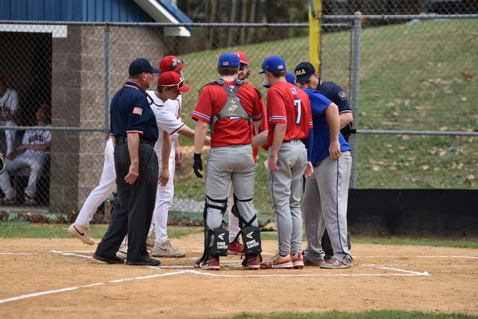 Nick Parks and Coby Kephart attend the umpires’ meeting pregame. 