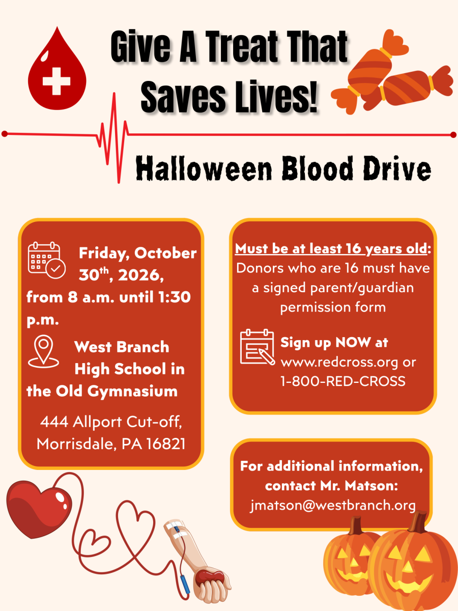 West Branch Area High School will host its annual blood drive Oct. 30, 2026.